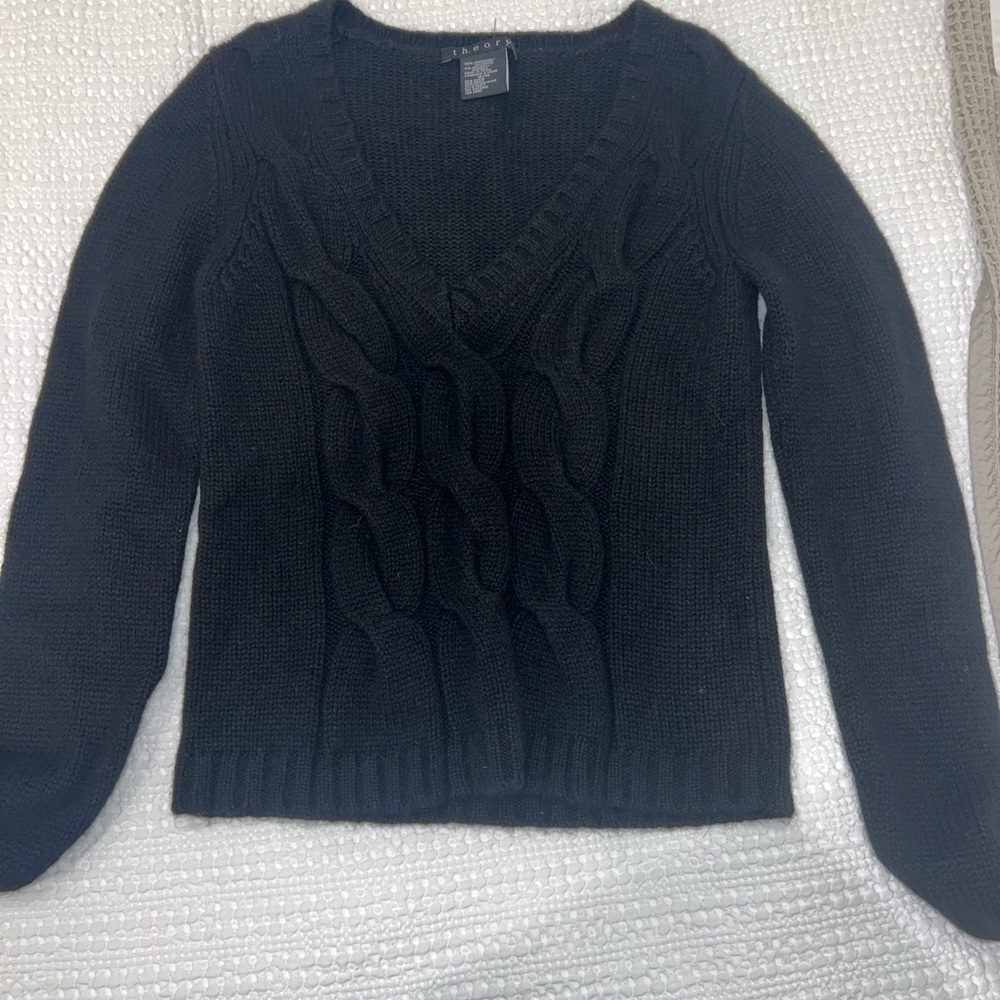 Theory Black V-Neck Cable Knit Sweater